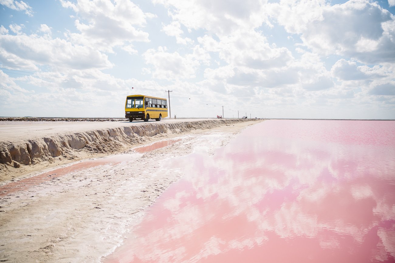 Local bus at the Pink Lagoon at Las Coloradas Yucatan Mexico