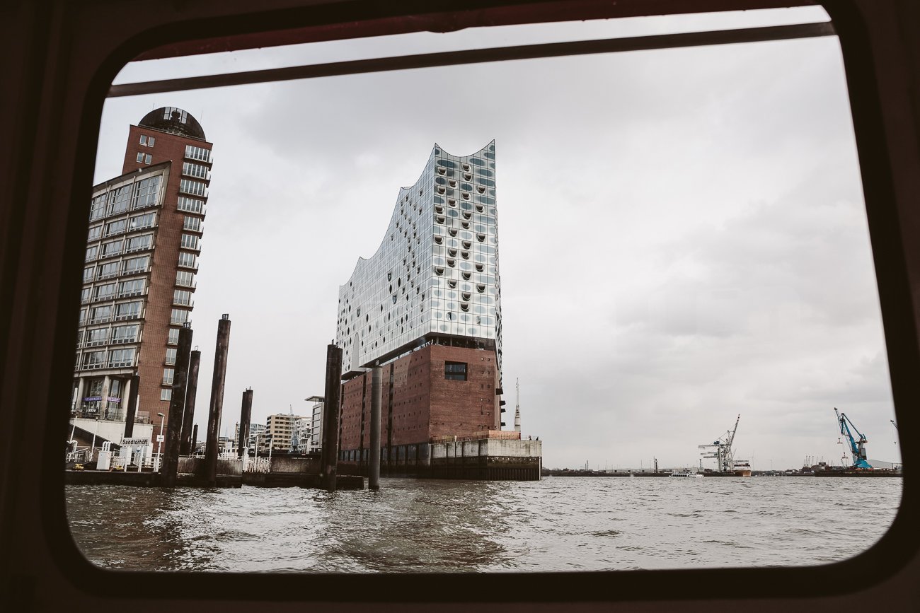 Elphi Elbphilharmonie as seen from a boat tour in the harbour of Hamburg