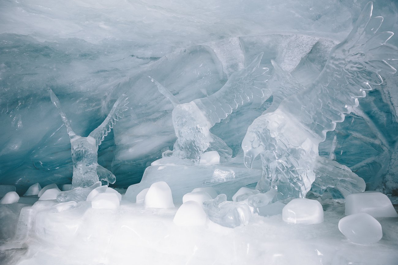 Eagles carved from Ice in the Ice Palace at Jungfraujoch