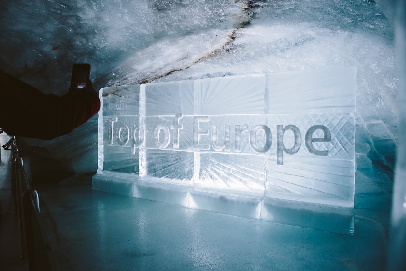 Top of Europe sign carved from Ice in the Ice Palace at Jungfraujoch