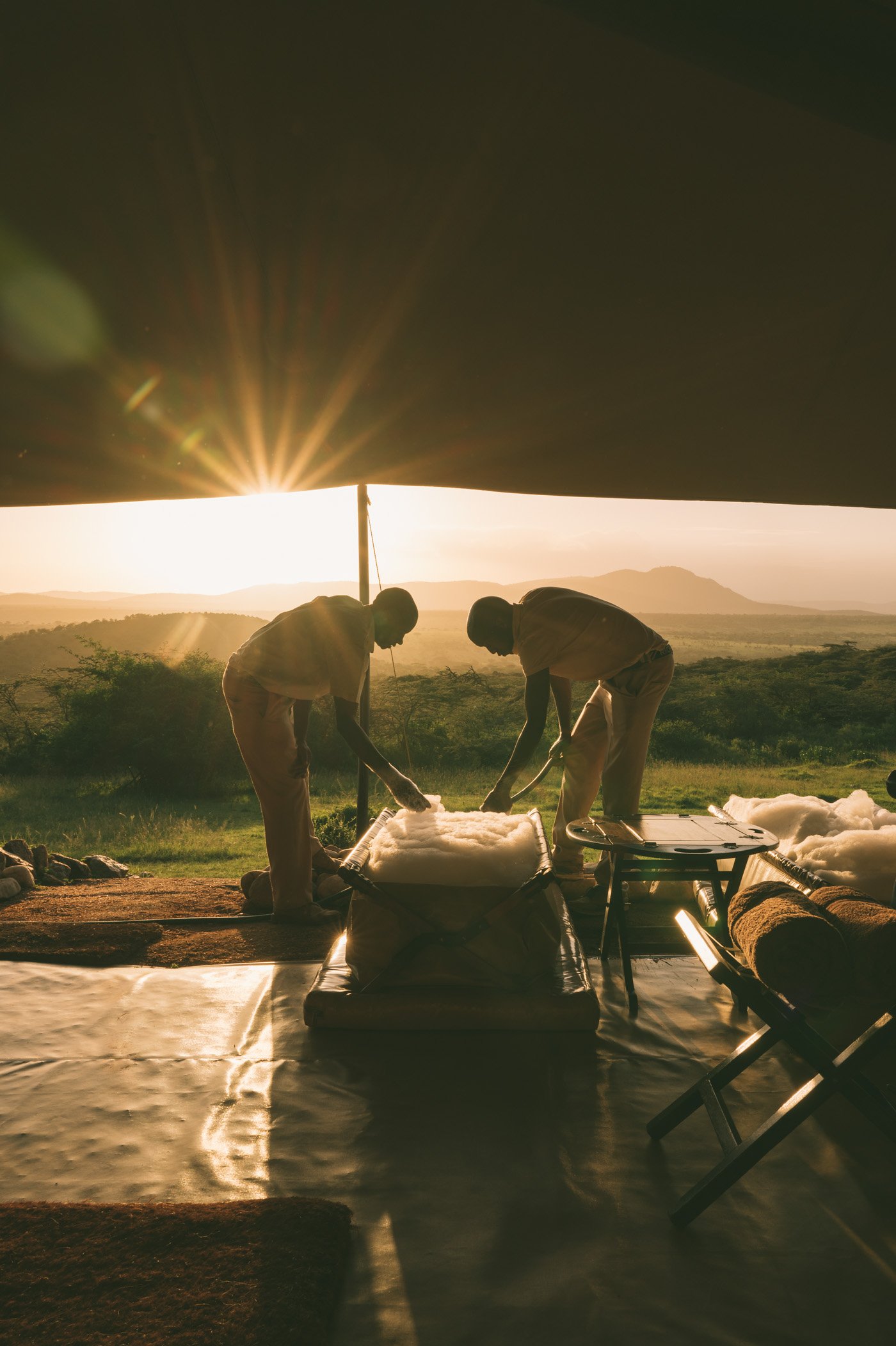 Setting up the iconic canvas bush baths at Cottar's 1920s Safari Camp in Kenya