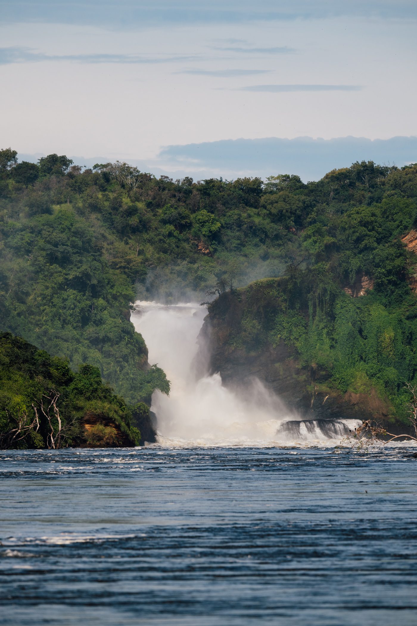 Murchison Falls as seen from a boat cruise on the river Nile in Murchison Falls National Park Uganda