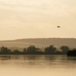 Kis-Balaton with a flying egret at sunset during a canoe tour, Balaton, Hungary