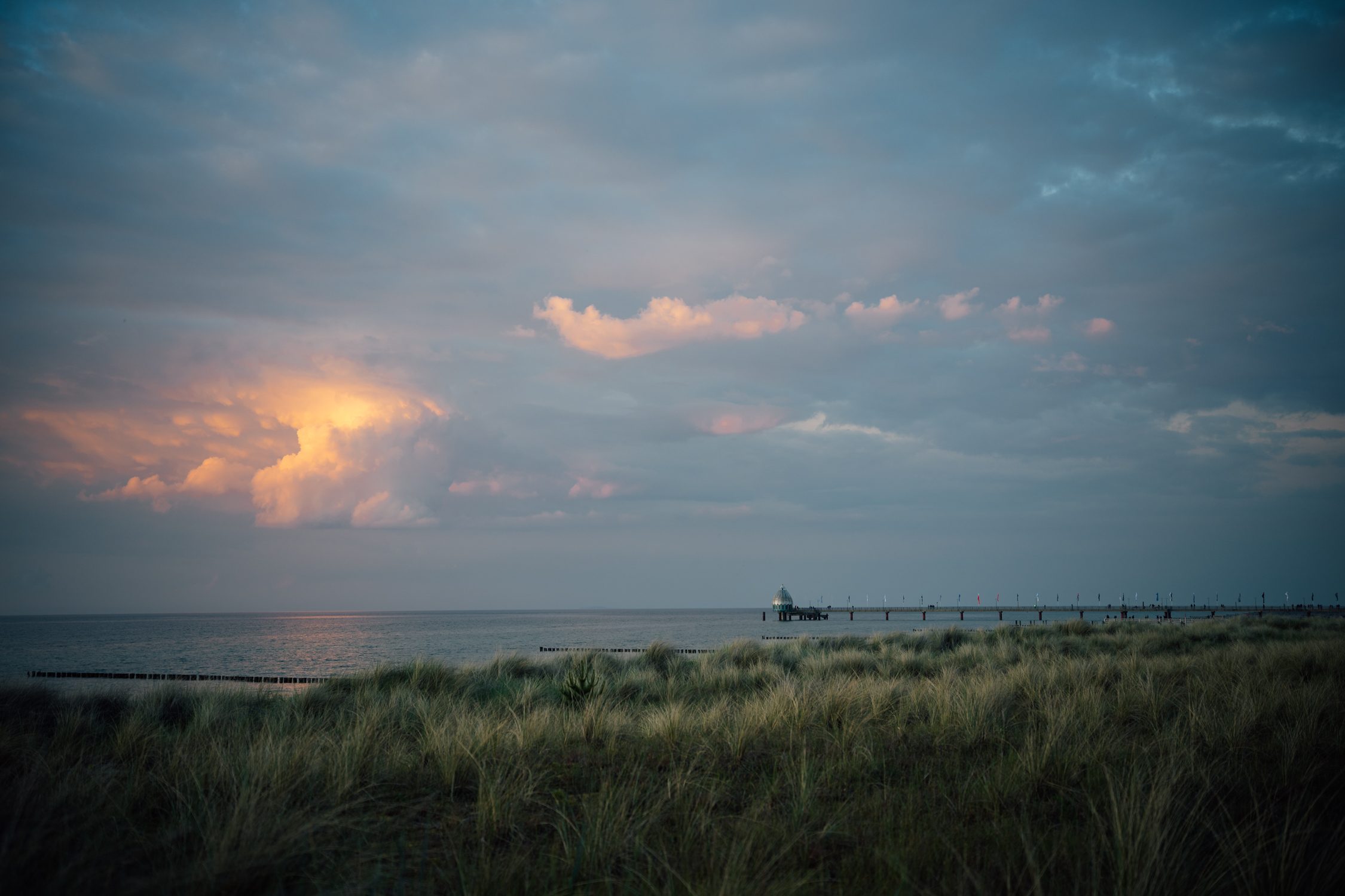 Zingst peninsula at sunset with Seebrücke pier visible